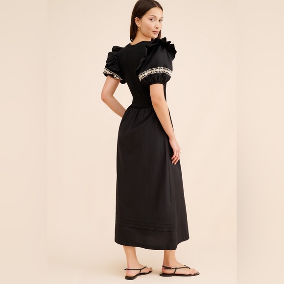 EUC Cleobella Black Selma Midi Dress with Ruffle Puff Short Sleeves & Embroidery - Picture 2 of 13